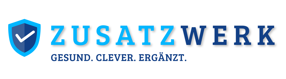 Logo: ZUSATZWERK, Gesund. Clever. Ergänzt. mit blauem Schild-Symbol und Häkchen.