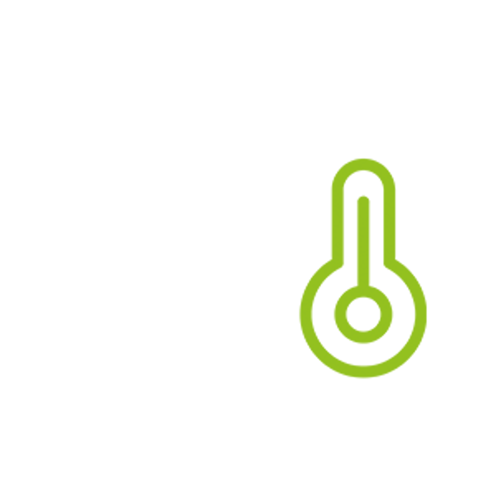 Zwei weiße Wassertropfen und ein grünes Thermometer-Symbol auf dunklem Hintergrund.