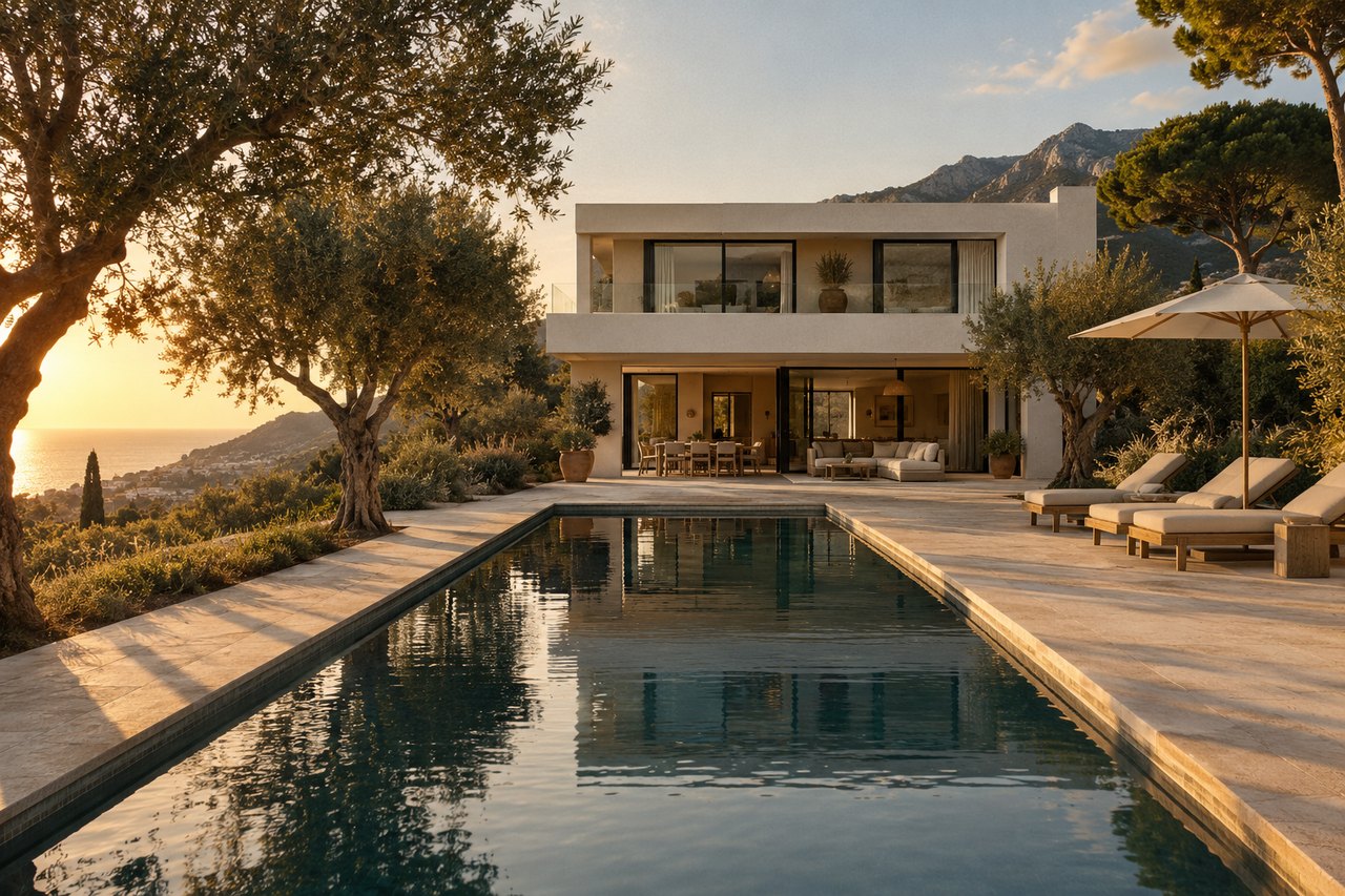 Villa Maria at sunset, seen across the pool