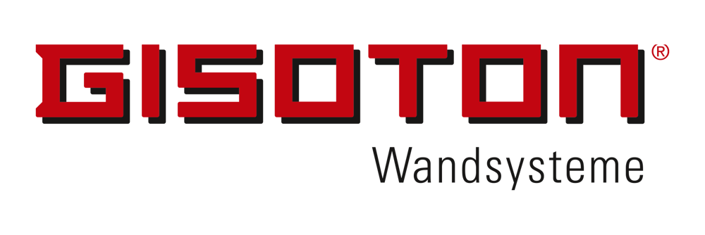 Rotes "GISOTON" Logo mit dem Text "Wandsysteme" darunter auf grünem Hintergrund.