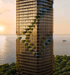 Tall, modern skyscraper with wooden-toned facade and green plants on balconies, overlooking a bay at sunset. Kanyon Tower Dubai Maritime City Forest District Architecture by Beyond and we as DolderGlobal Agency to provide advice on this project