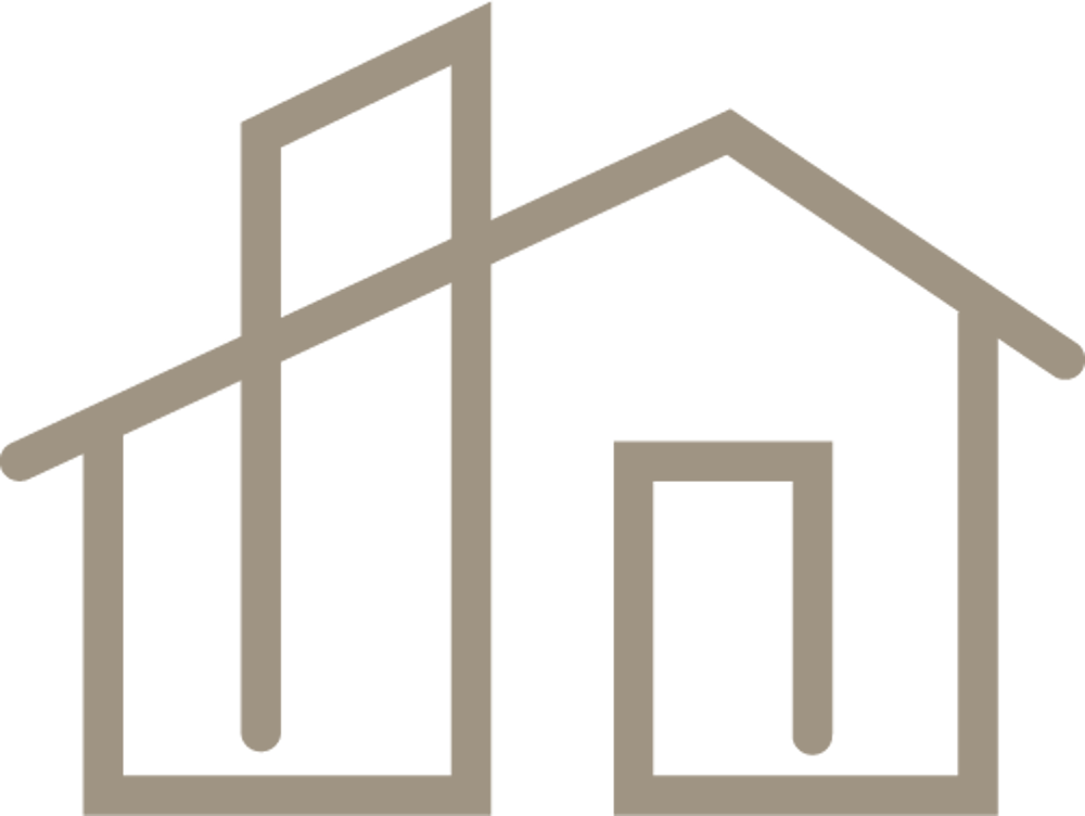 Stilisierte Darstellung eines Hauses und eines Hochhauses in einer durchgehenden Linie auf dunkelgrünem Hintergrund.