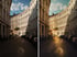 Zwei Fotos einer engen, gekrümmten Straße mit hohen Gebäuden und geparkten Autos; das rechte Foto hat wärmere Farbtöne.. Es zeigt den Effekt des Presets  "City Vibe Collection".
