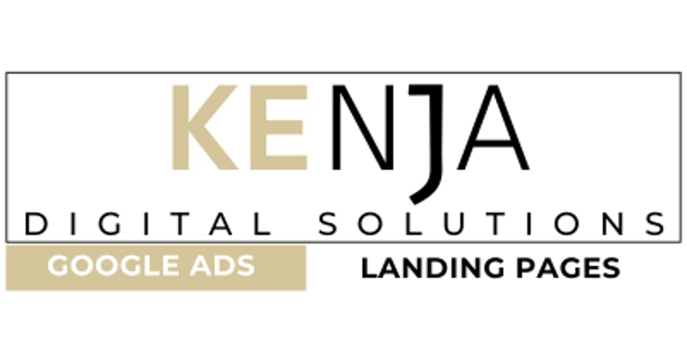 Logo "KENJA DIGITAL SOLUTIONS" mit "GOOGLE ADS" und "VIRTUELLE ASSISTENZ" in beigen und schwarzen Schriftzügen.