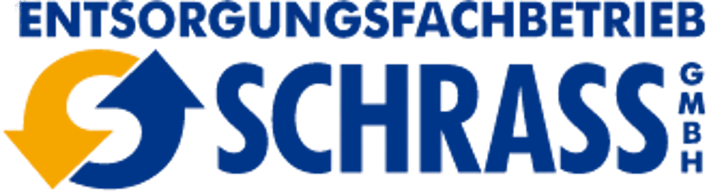 Logo des Entsorgungsfachbetriebs Schrass GmbH mit blauem Schriftzug und gelb-blauem Recycling-Pfeilsymbol.