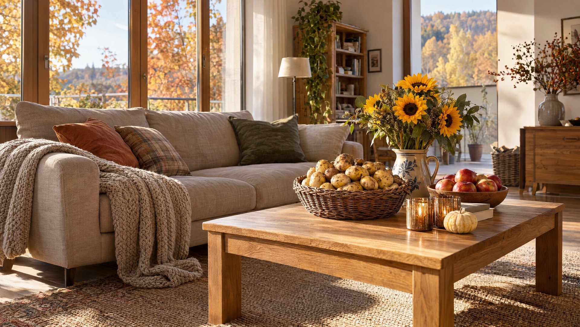 Gemütliches Wohnzimmer im Herbst mit Sofa, Kartoffelkorb und Sonnenblumen