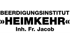 Black text on a white background reads Beerdigungsinstitut Heimkehr Inh. Fr. Jacob.