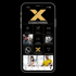 Smartphone-Bildschirm zeigt die "X Coaching"-App mit Menüsymbolen, Text und Bildern zu Einstellungen, Ernährung, Workouts und Community.
