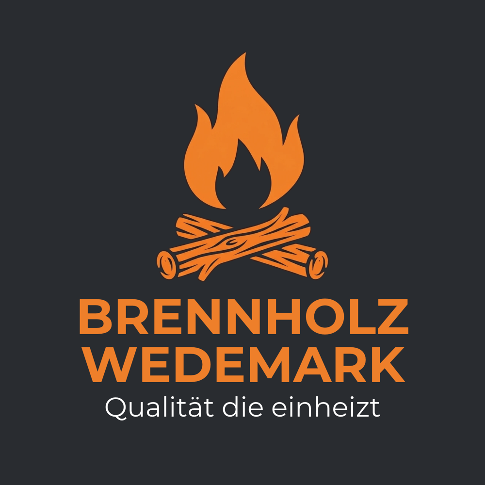 Brennholz & Kaminholz für die Wedemark & Umgebung. Logo von Brennholz Wedemark mit orangefarbener Flamme über Holzscheiten und dem Slogan Qualität die einheizt.