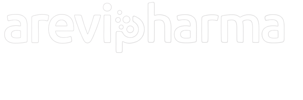 Weißes arevipharma Logo auf dunkelgrünem Hintergrund.