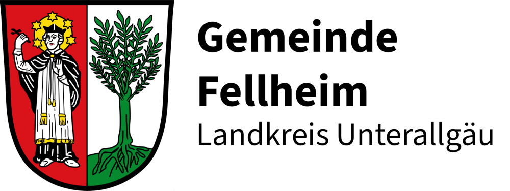 Wappen der Gemeinde Fellheim mit einem Heiligen und einem Baum, daneben der Text „Gemeinde Fellheim Landkreis Unterallgäu“.