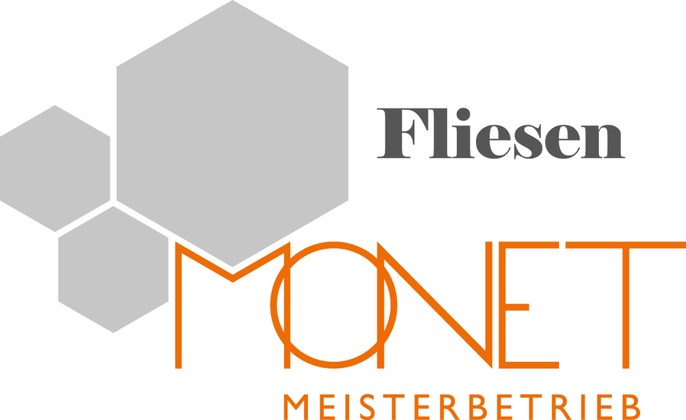 Logo: Fliesen MONET MEISTERBETRIEB mit drei hellgrauen Sechsecken, die an Fliesen erinnern.