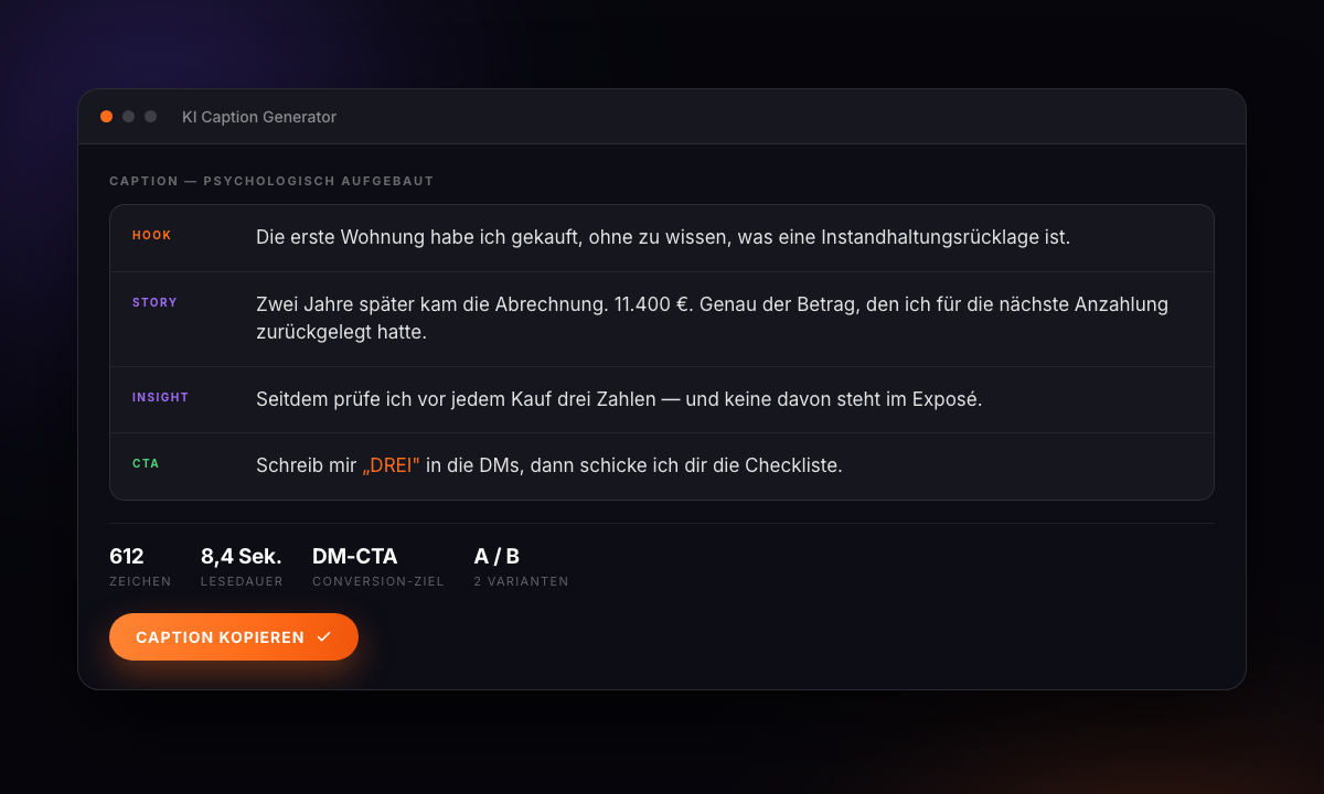 KI Caption Generator mit Hook, Story, Insight und CTA