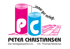 Logo "pc" aus pinken und blauen Papierrollen, daneben Schriftzug "Immer gut verlegt." und "PETER CHRISTIANSEN".
