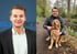 Ein Mann im Anzug vor blauem Hintergrund neben einem Foto desselben Mannes, der im Wald mit einem Golden Retriever posiert.