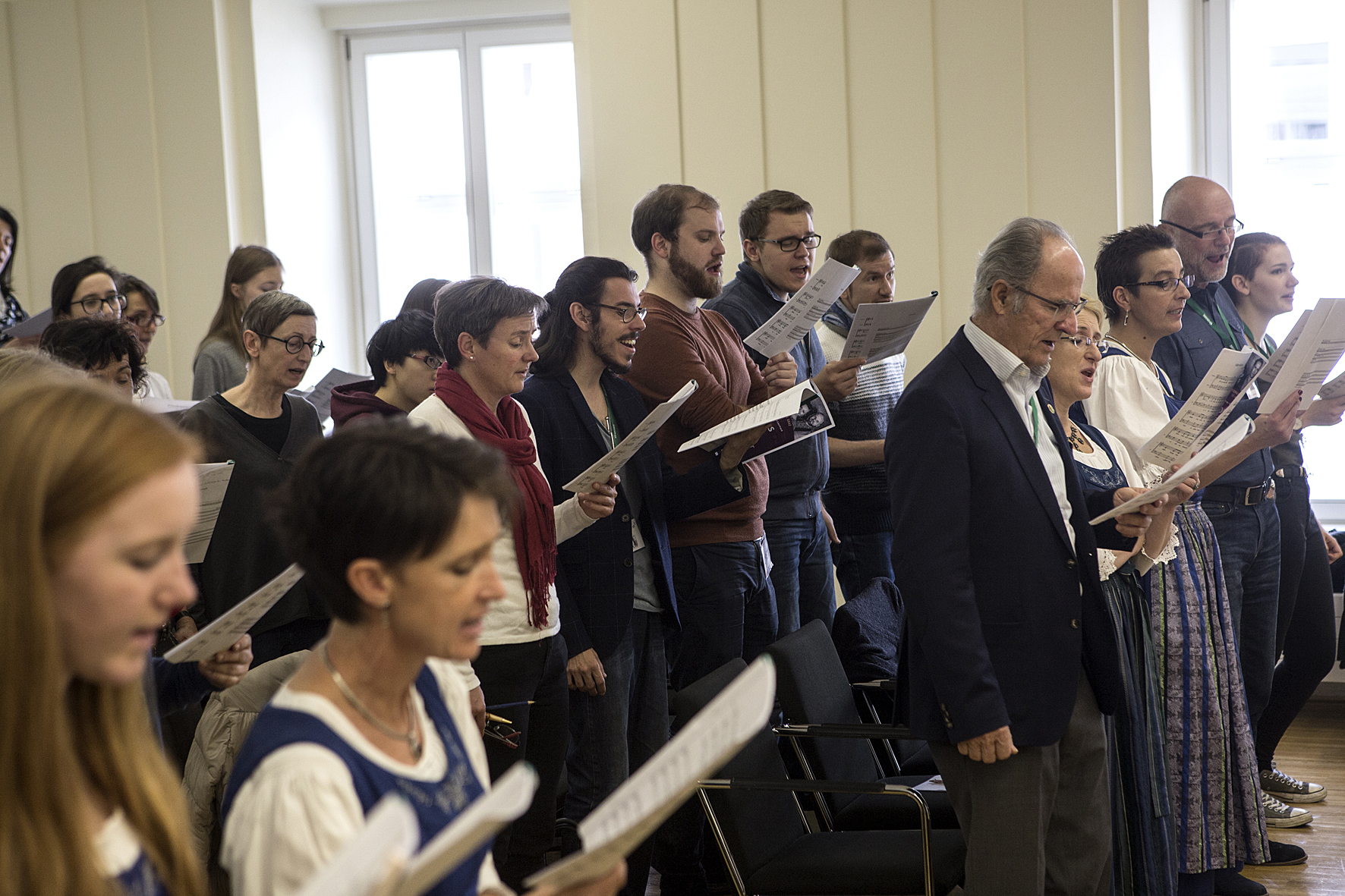 Singers rehearsing with The Real Group in the ensemble workshop at the Reiterkaserne, Voices of Spirit 2017, Graz