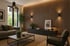 Modernes Wohnzimmer mit Akzentwand aus Holzlatten, grauen Sofas und einem Couchtisch.
