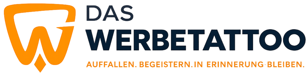 Logo "DAS WERBETATTOO" mit orangefarbenem "W"-Symbol und Text "AUFFALLEN. BEGEISTERN. IN ERINNERUNG-BLEIBEN."