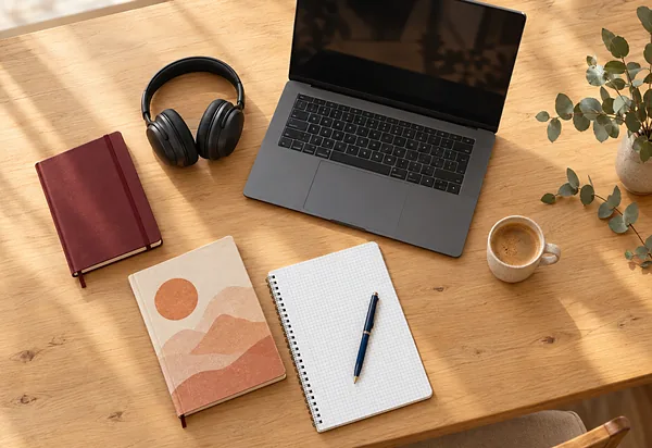 Arbeitsplatz mit Laptop, Notizbüchern, Kopfhörern und Kaffee auf einem Holztisch