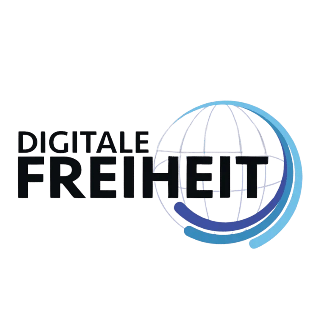 Digitale Freiheit Logo mit stilisiertem Globus, um den sich blaue Kurven winden.