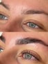 Eine Nahaufnahme von Augenbrauen und Wimpern vor und nach dem Laminieren.