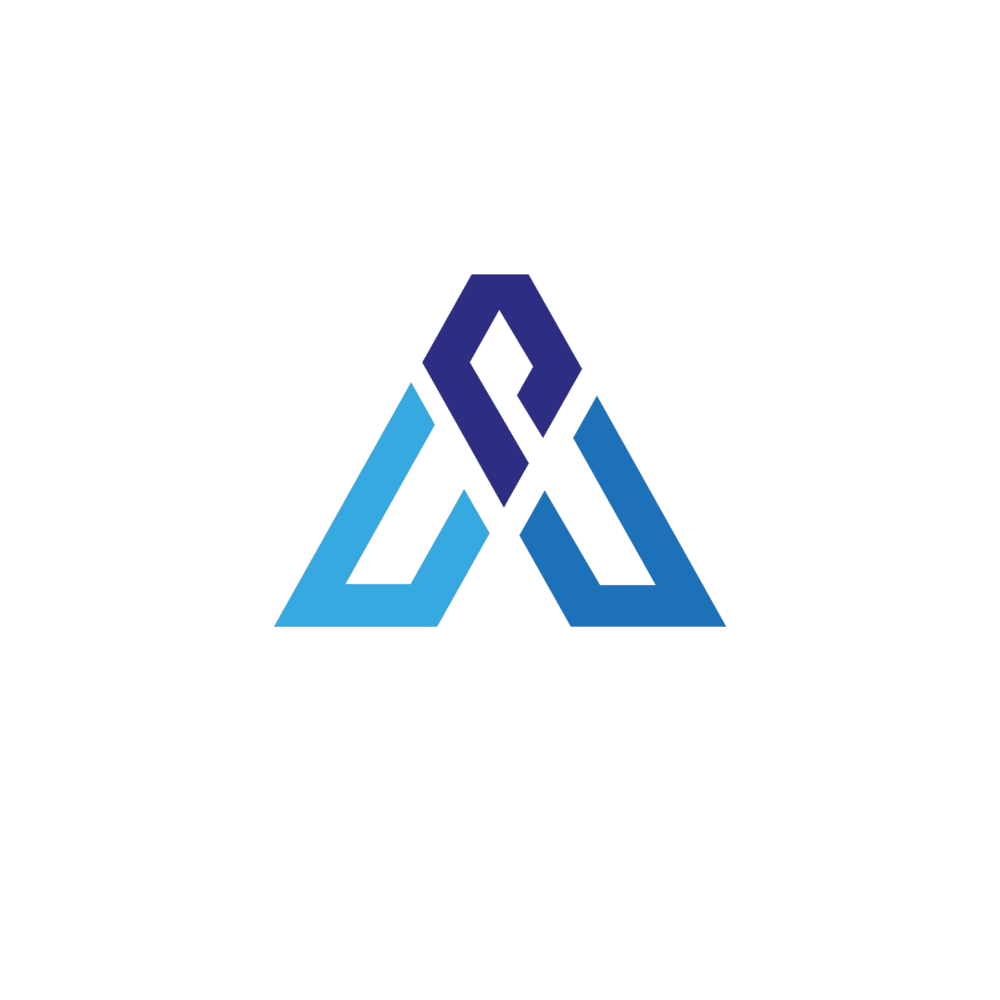 Stilisiertes, geometrisches Logo in Form eines Dreiecks mit blauen und violetten Farbverläufen auf schwarzem Hintergrund.