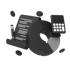 Dark gray 3D icons: a scroll with text, a calculator, a pie chart with one slice light gray, and scattered coins.