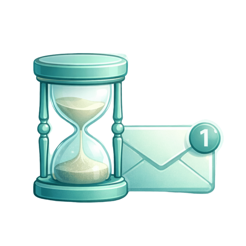 Eine Sanduhr mit herabrieselndem Sand neben einem Briefumschlag mit einer Benachrichtigung "1".