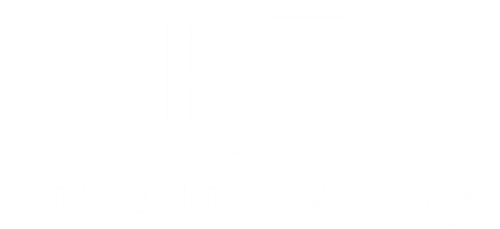 Weißes Logo mit stilisierten Buchstaben "K" und "D" über dem Text "Karaaslan Webdesign" auf dunkelgrünem Hintergrund.