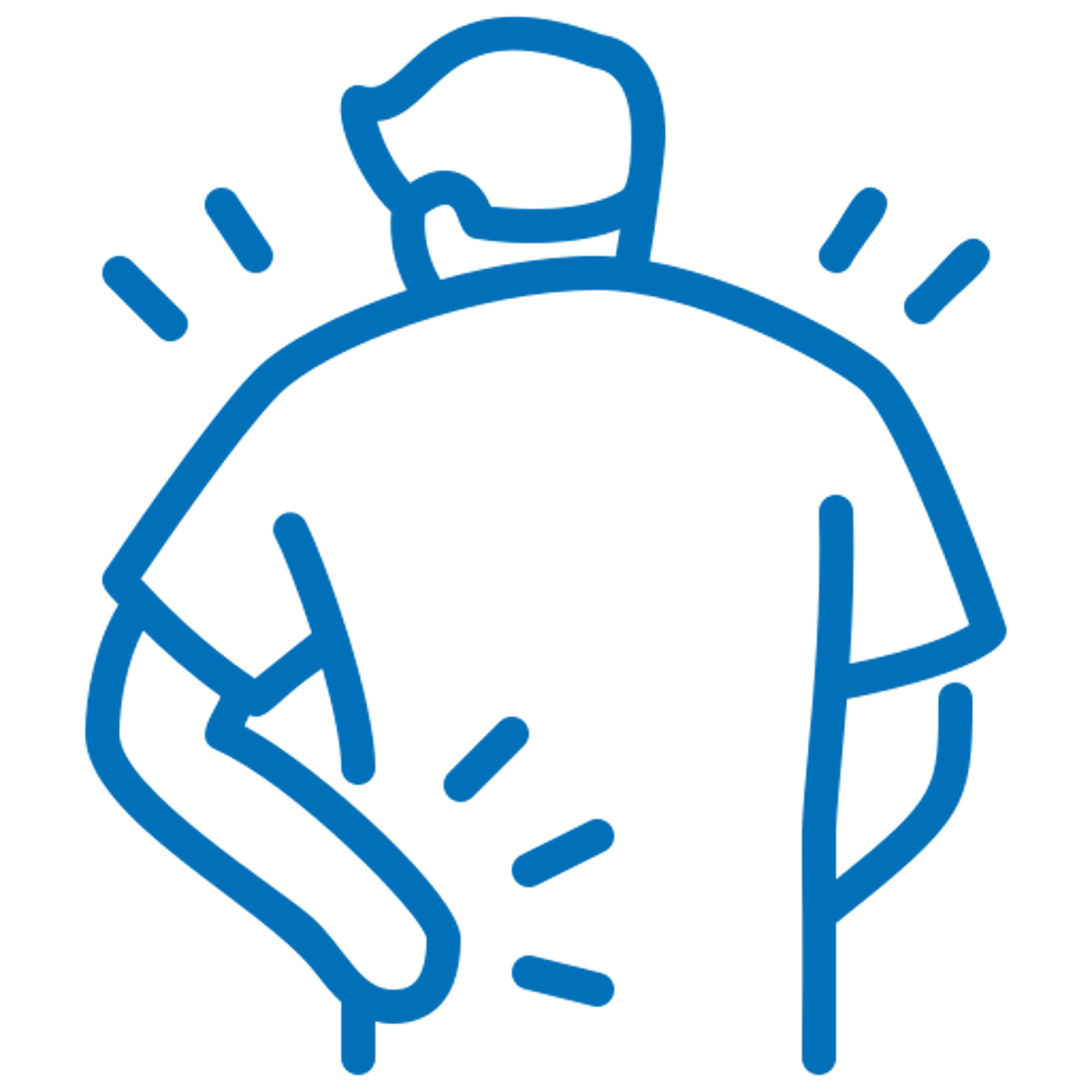 Blauer Umriss einer Person, die sich den unteren Rücken hält, mit Schmerzstrichen am Rücken und an der Schulter.