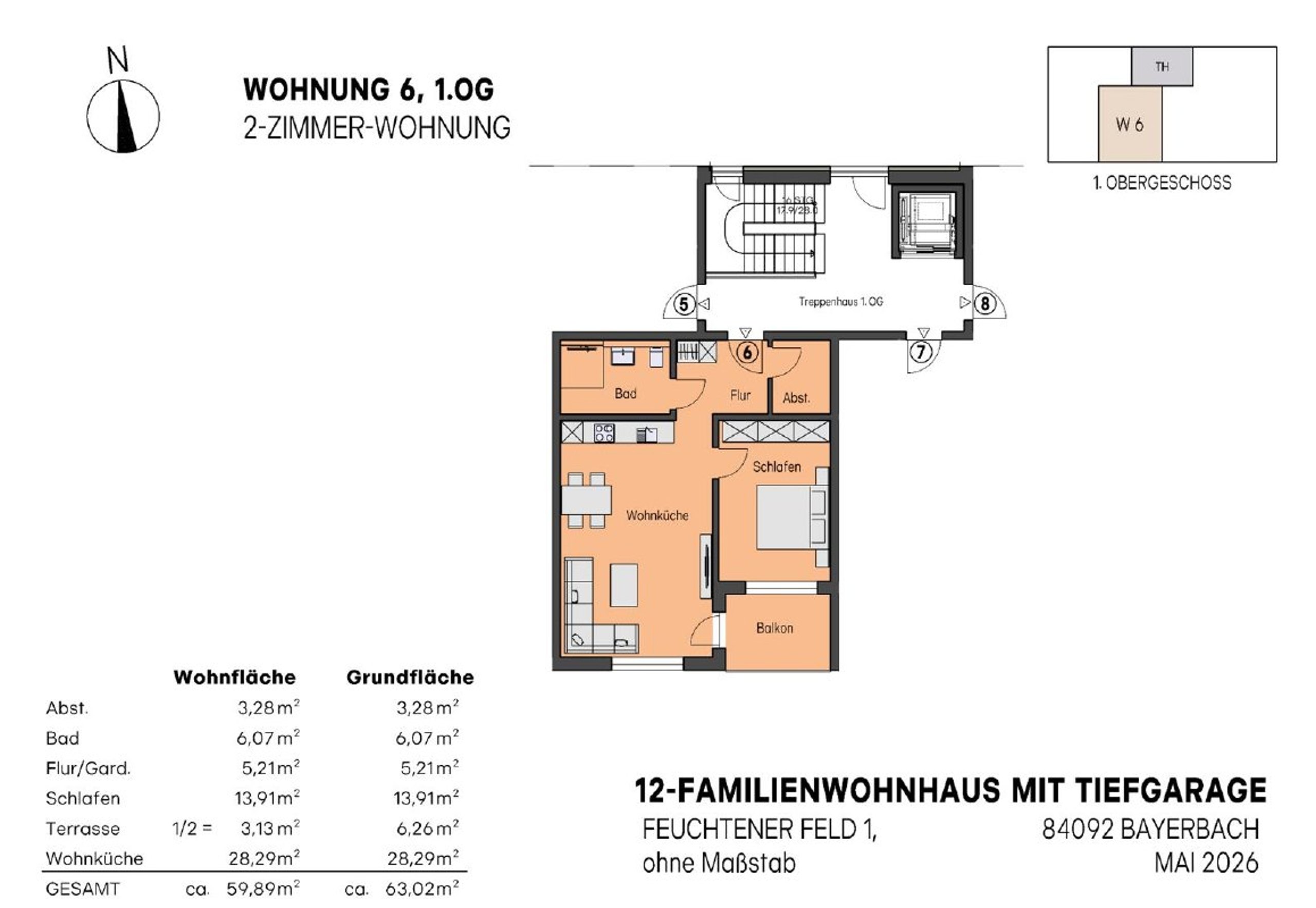 Grundriss Wohnung Nr. 6, 2-Zimmer-Wohnung im 1. Obergeschoss