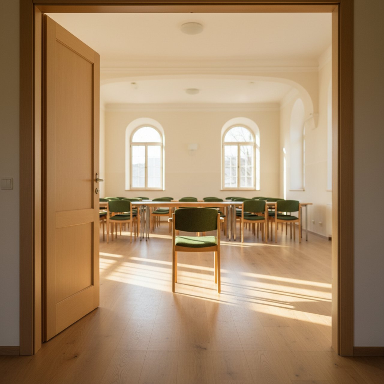 Halb geöffnete helle Holztür zu einem warmen Gemeinschaftsraum mit Tisch und Stühlen im Nachmittagslicht