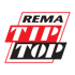 Rotes und schwarzes REMA TIP TOP Logo auf dunkelgrünem Hintergrund.