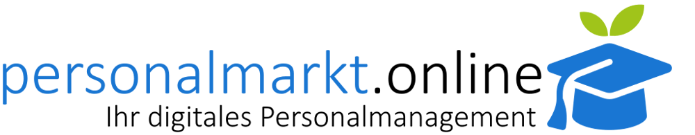 personalmarkt.online, Ihr digitales Personalmanagement, mit blauer Absolventenmütze und grünen Blättern.