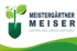 Eine grüne Schaufel mit zwei Blättern und einem Vogel, daneben der Text "MEISTERGÄRTNER MEISER GARTEN UND LANDSCHAFTSBAU".