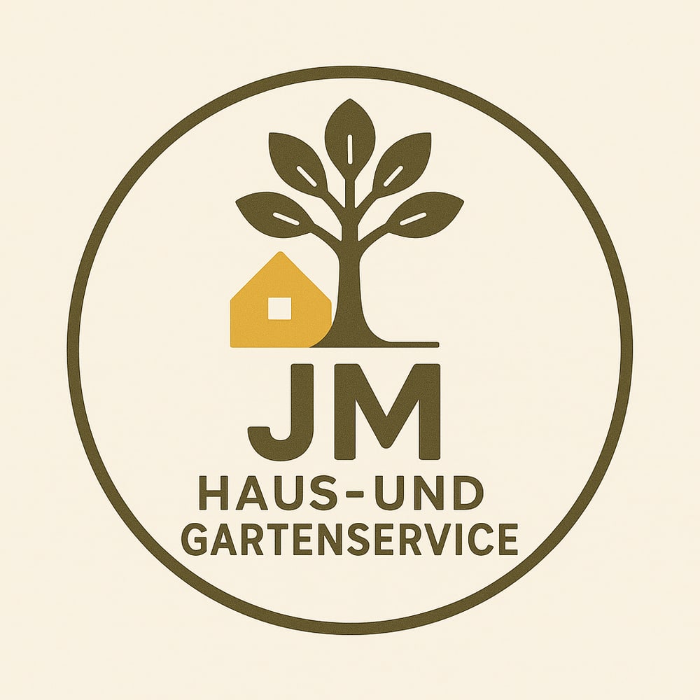 Runder Logo mit Baum, Haus und den Buchstaben JM; Text: "JM HAUS- UND GARTENSERVICE"