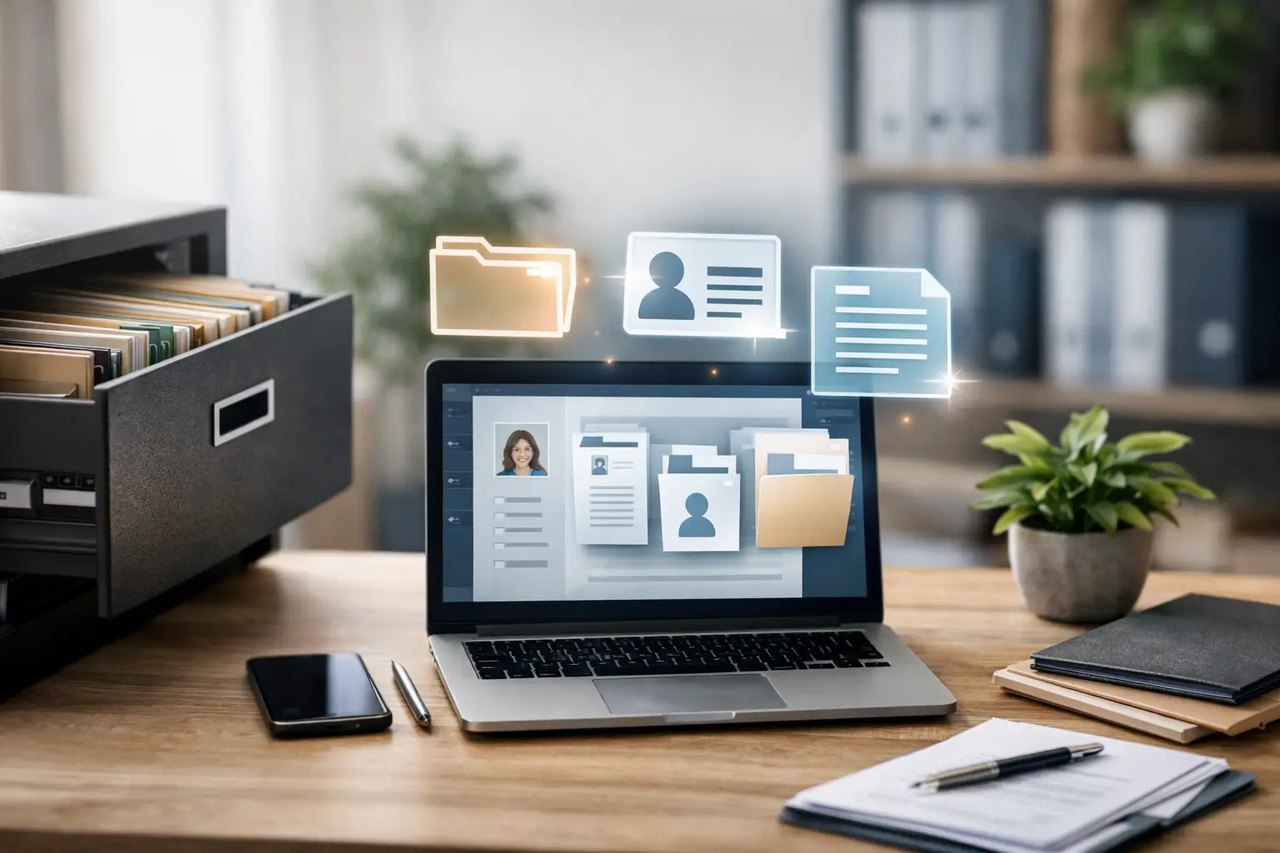 Digitale Personalakte auf einem Laptop neben einem Karteikasten zur Veranschaulichung der Dokumentendigitalisierung.
