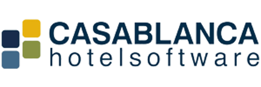 Logo von Casablanca Hotelsoftware mit vier farbigen Quadraten und dunkelblauem Text auf dunkelgrünem Hintergrund.