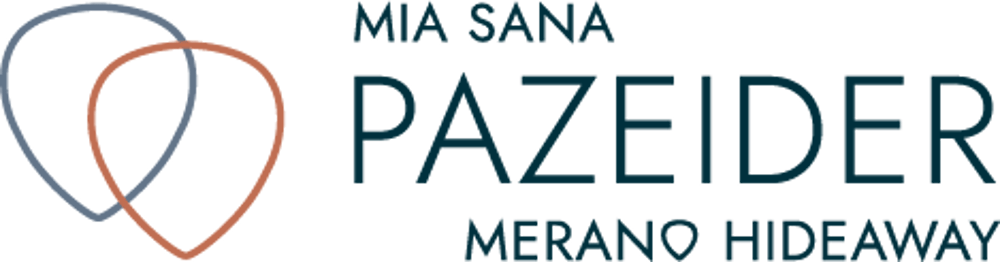 MIA SANA PAZEIDER MERANO HIDEAWAY Logo mit zwei ineinander verschlungenen tropfenförmigen Umrissen.