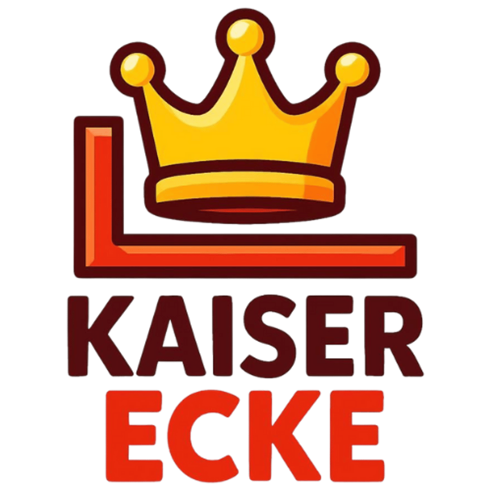 Goldene Krone über rotem L-förmigem Rahmen mit den Worten "KAISER ECKE" in Rot.