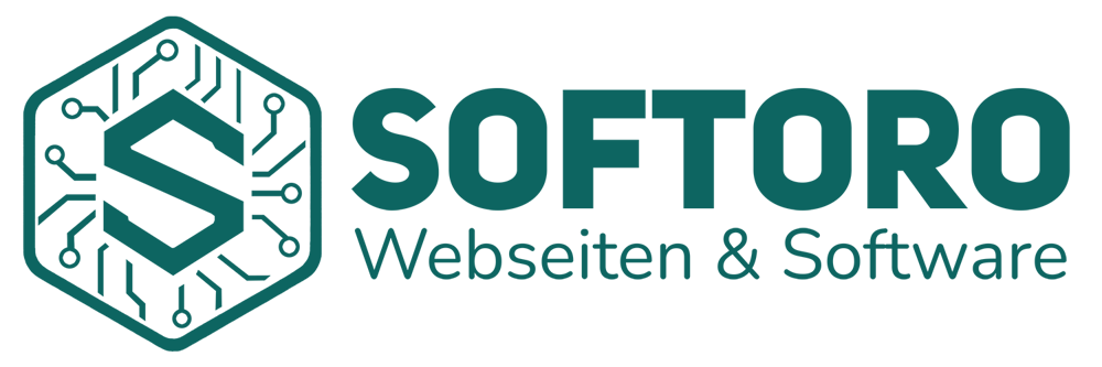 Logo von SOFTORO: Hexagonales Symbol mit "S" und Schaltkreis, darunter "Webseiten & Software" auf grünem Hintergrund.