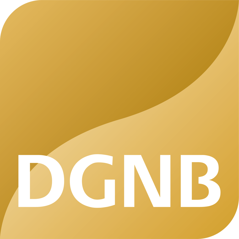 Goldenes DGNB-Logo mit geschwungener Linie, weißer Text "DGNB" unten links.
