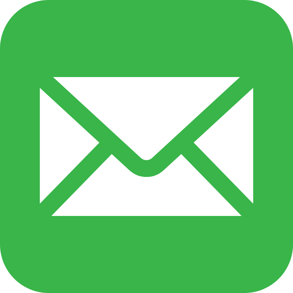 Weißes E-Mail-Umschlagsymbol auf grünem Quadrat – digitale Rezept-Einlösung und Medikamentenbestellung per E-Mail bei der Billroth Apotheke.