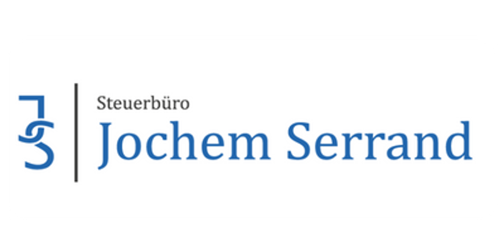 Logo: Steuerbüro Jochem Serrand, mit blauem, stilisiertem "JS" Symbol und vertikalem Trennstrich.