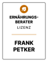 Ernährungsberater Lizenz Frank Petker mit braunem Blatt-Symbol.