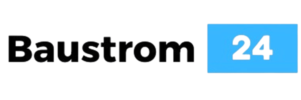 Schwarzer Text "Baustrom" neben einem blauen Rechteck mit der Zahl "24" in Schwarz.