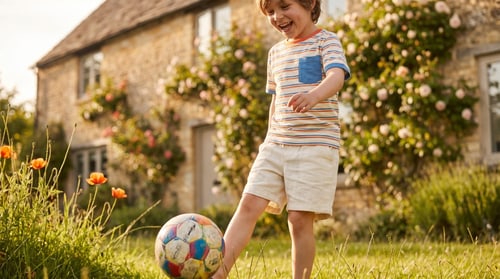 Kind spielt Ball im Garten