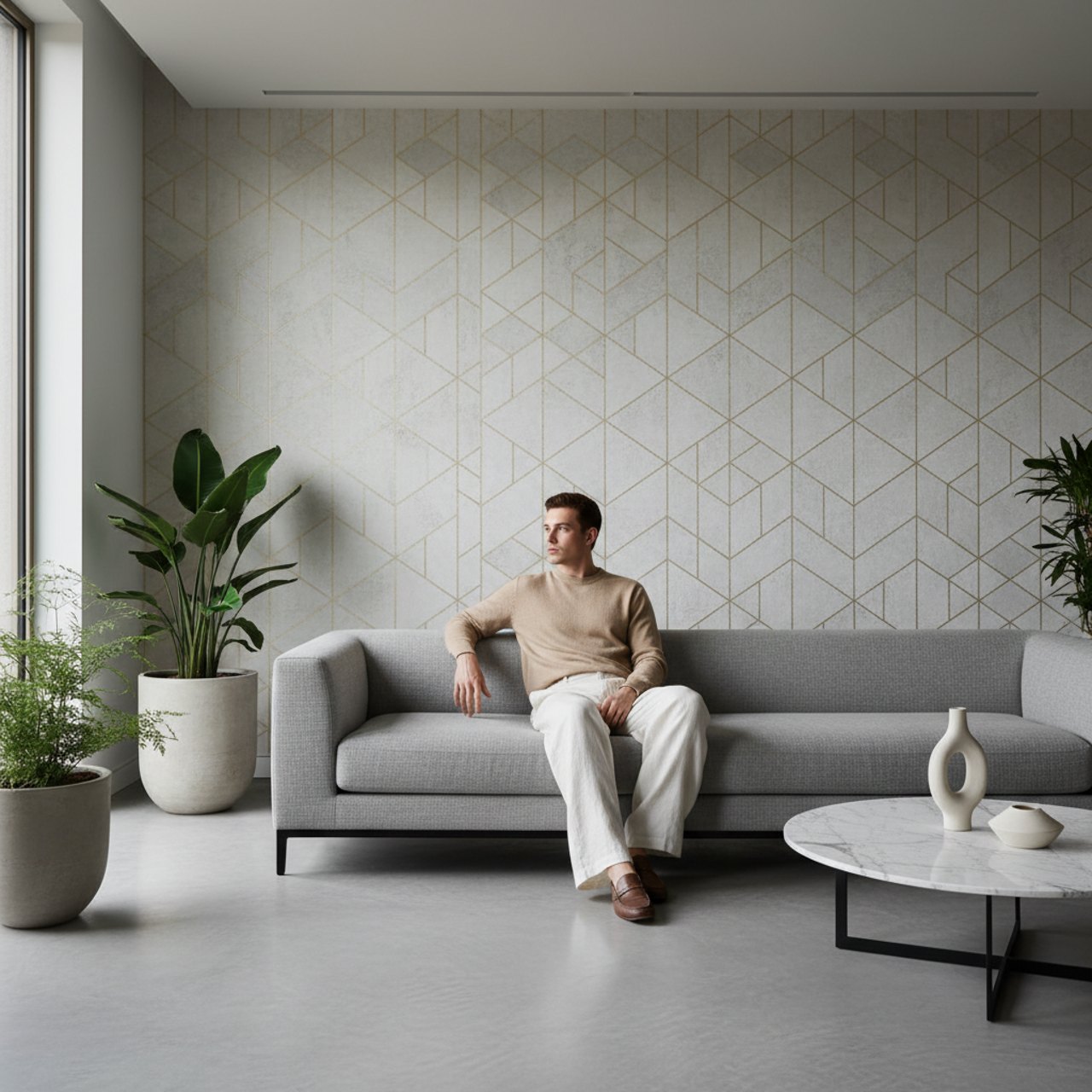 Wohnraum mit moderner Strukturtapete auf einer Akzentwand