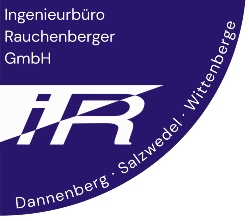 Logo "Ingenieurbüro Rauchenberger GmbH" mit den Orten Dannenberg, Salzwedel, Wittenberge.