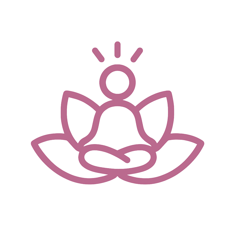 Meditierende Person in Lotusblüte, mit leuchtendem Kopf, auf dunkelgrünem Hintergrund.